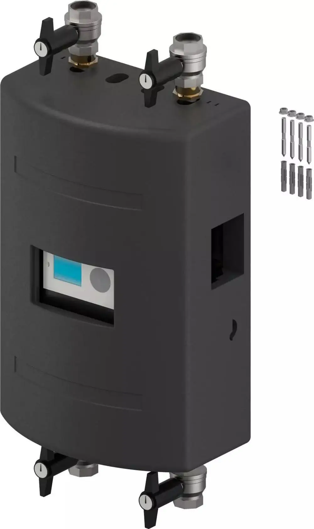 Schwarze zentrale Pumpe mit Anschlussventilen, Sichtfenster und verschiedenen Montageschrauben. Produkt von Uponor.